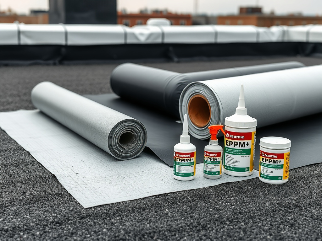 Comparison of manufacturer-approved EPDM patch materials laid out next to generic patch kit components