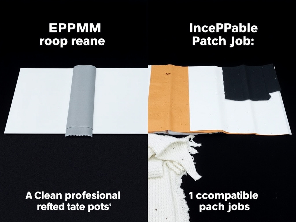 Side-by-side comparison of a manufacturer-approved EPDM repair and an uncertified DIY patch