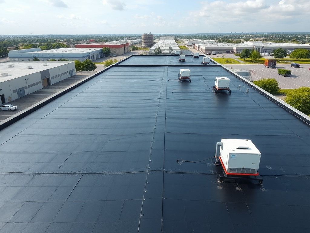 Large industrial warehouse flat roof with rooftop HVAC equipment