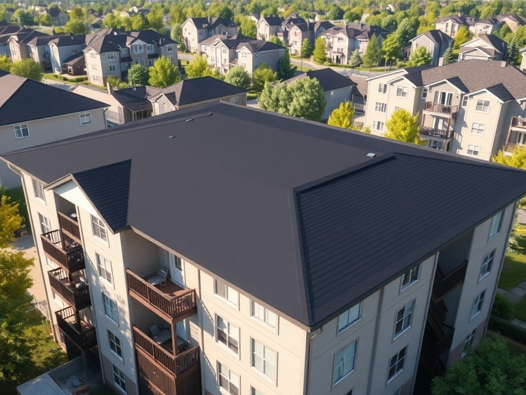 Multifamily apartment complex with a flat EPDM roof section