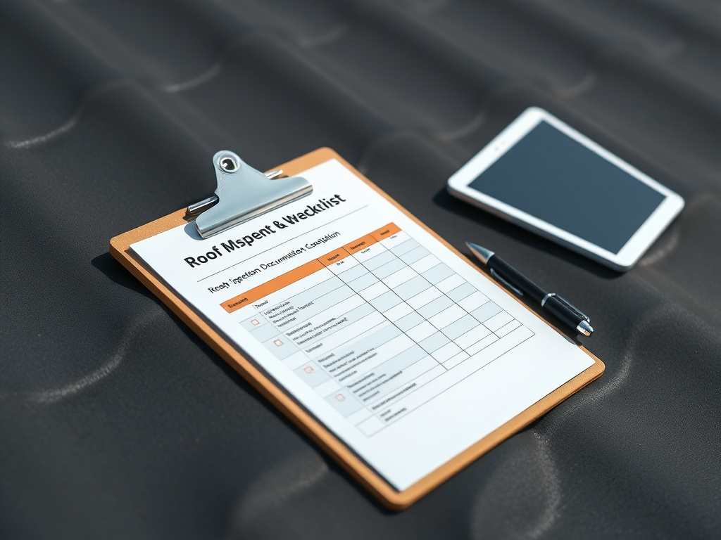 Clipboard with a roof inspection and warranty documentation checklist on a commercial rooftop