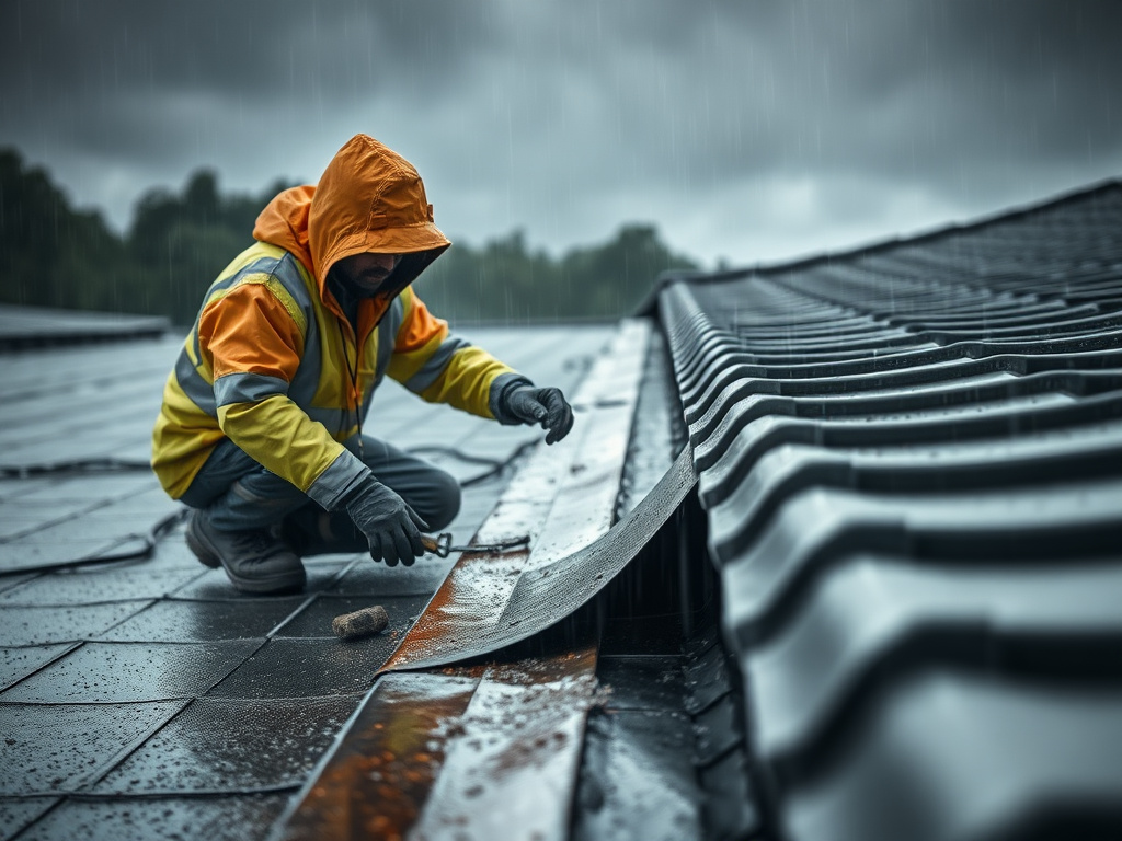 Technician performing an emergency repair on a leaking EPDM roof membrane seam