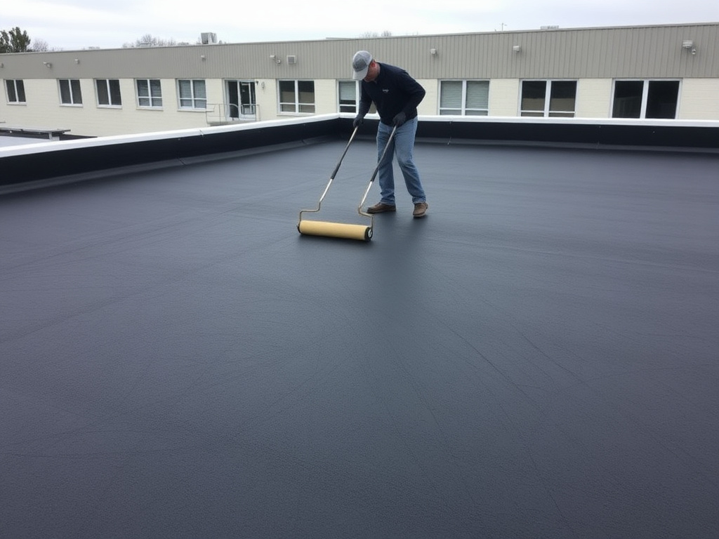 Applicator rolling liquid-applied EPDM restoration coating onto a rubber roof membrane