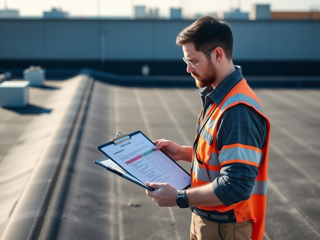 Technician reviewing a roof warranty document and repair checklist on a commercial rooftop