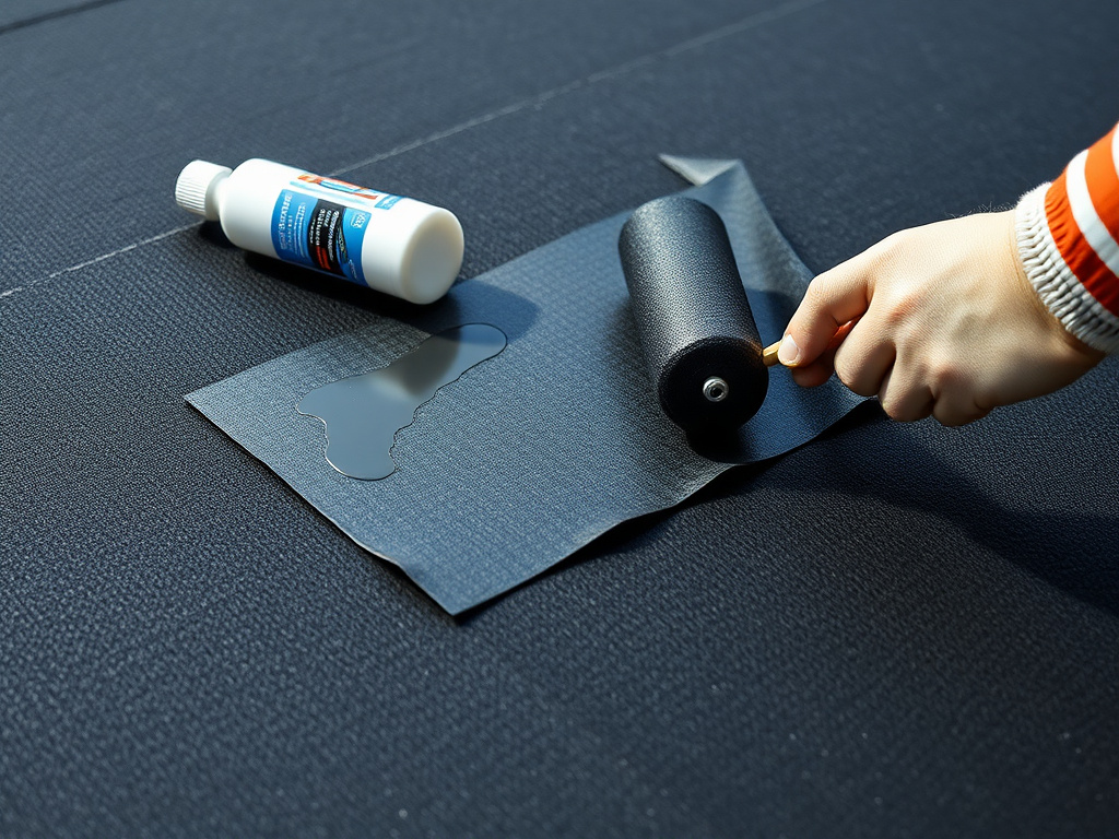 Close-up of a cured EPDM patch being applied over a punctured section of rubber membrane