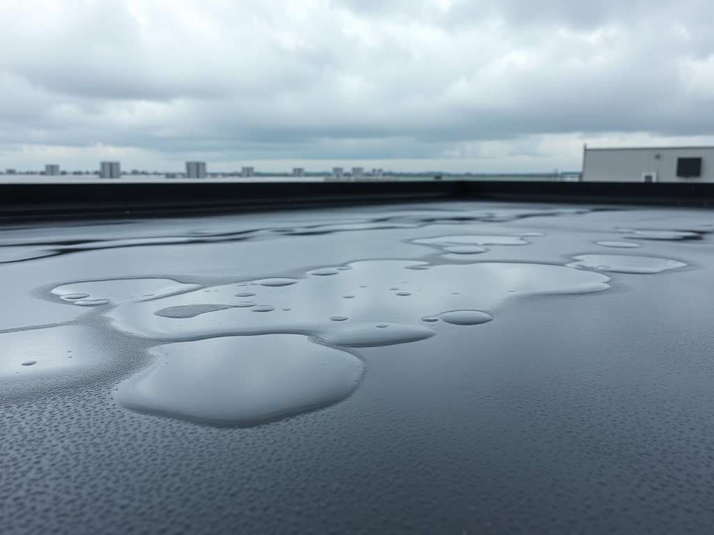 Standing water pooling on a flat EPDM commercial roof membrane after rainfall