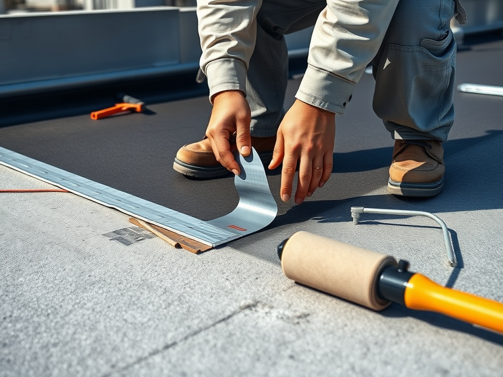 Technician applying reinforced seam tape to an EPDM rubber roof membrane seam