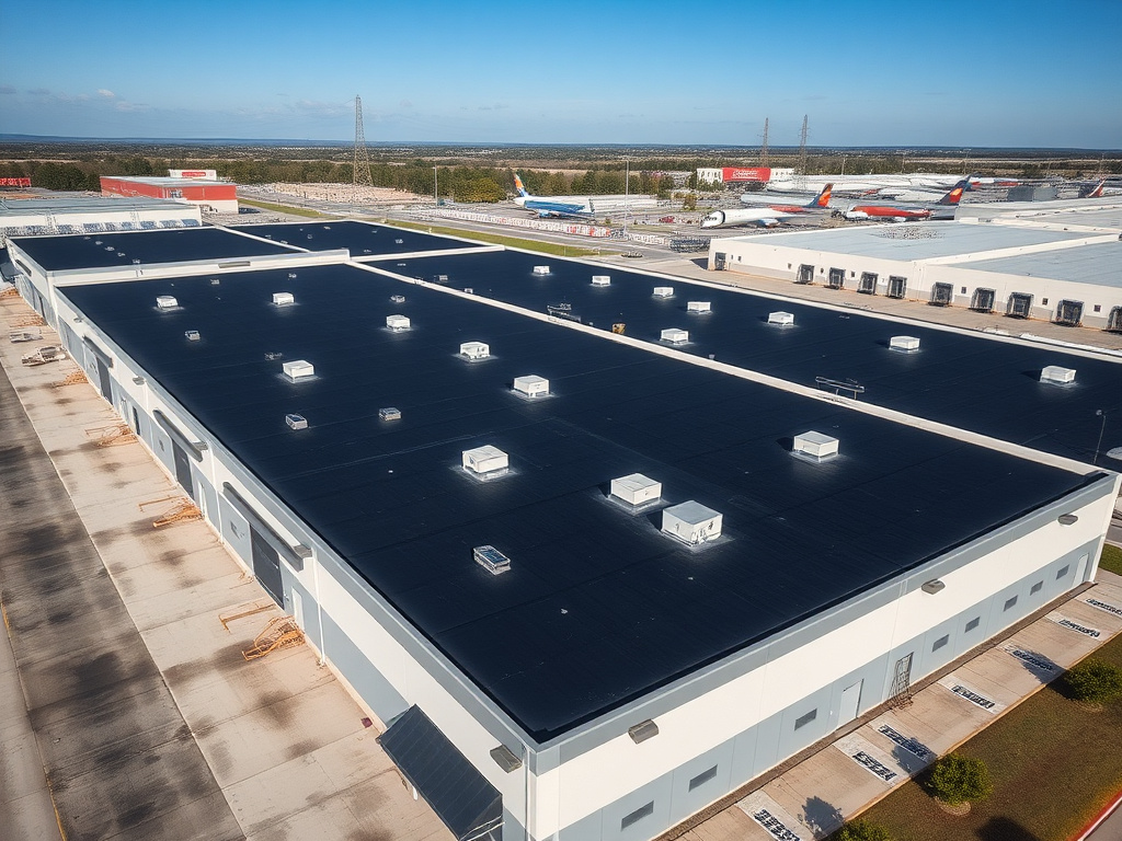 Large commercial flat roof with EPDM membrane serving a warehouse and distribution facility